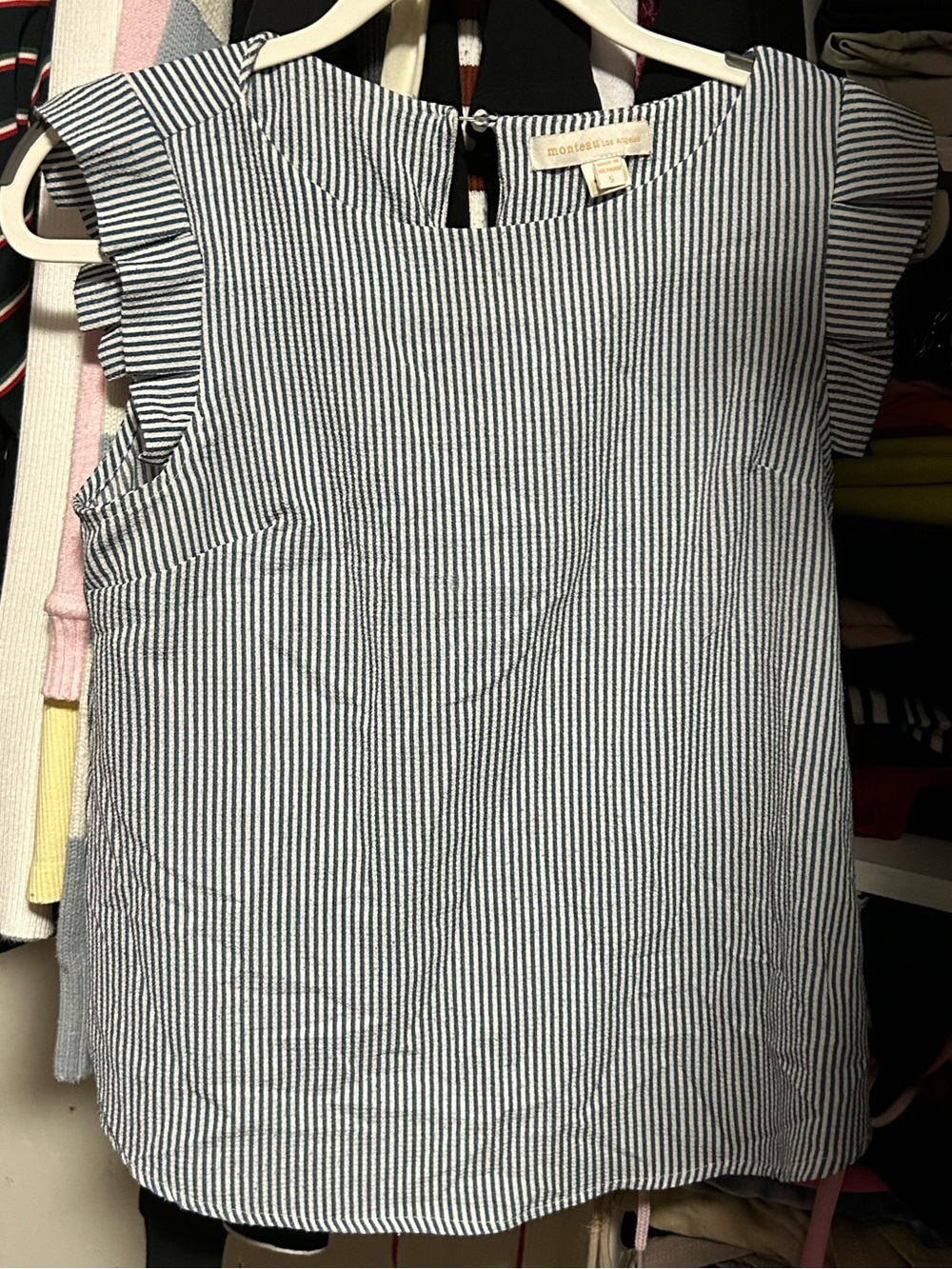 Monteau Blue and White Striped Ruffle-Sleeve Camisole